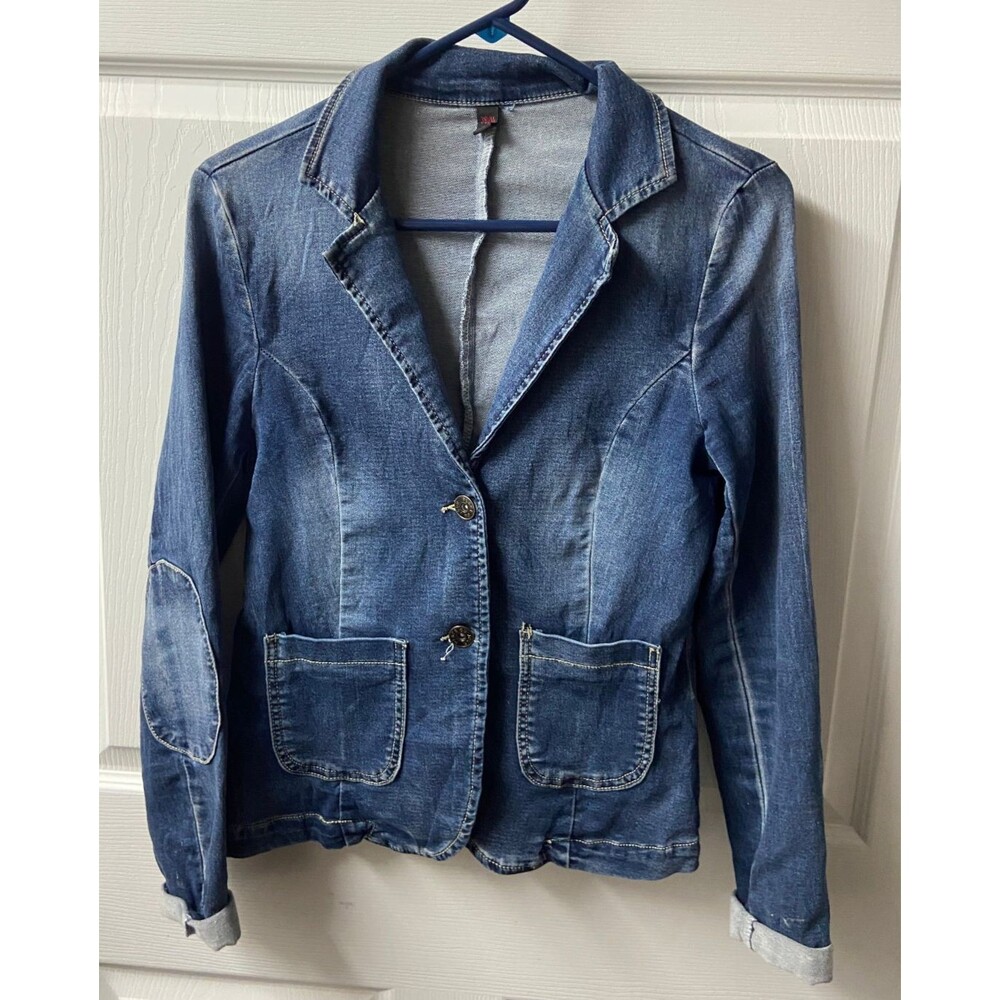 Boutique Denim Jacket Womens 38 Med Blue Single Breasted Notched Collar Unlined